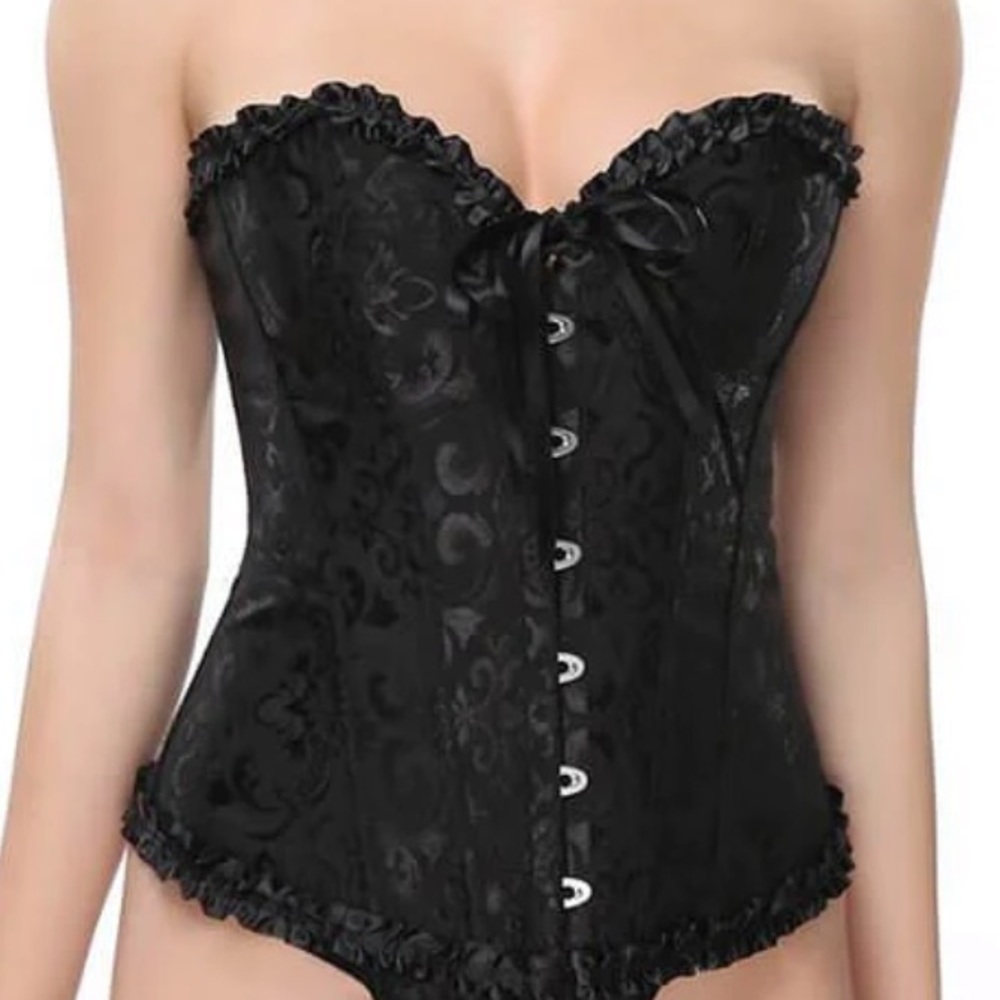 Curvy Satin Jacquard Bustier Lace Up Corset - Black